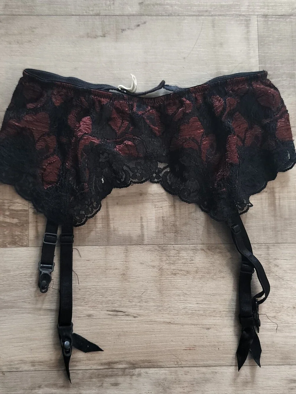 Victoria's Secret Black Lace Garter Belt with Burgundy Floral Underlay